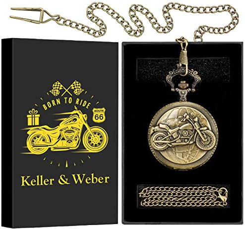Keller & Weber Relojes de Bolsillo Vintage de Motocicleta para Hombres, Reloj de Bolsillo con Cadena, Regalos de Motocicleta para Hombres, Papá, Regalos de San Valentín, Regalos de Cumpleaños
