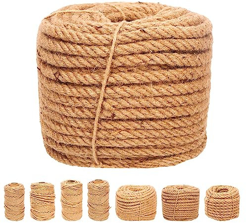 Swpeet Cuerda de yute natural trenzada de 14 mmx164 pies, cuerda de yute larga, embalaje de jardinería, ganchillo, perfecto para manualidades, regalo, envoltura, embalaje