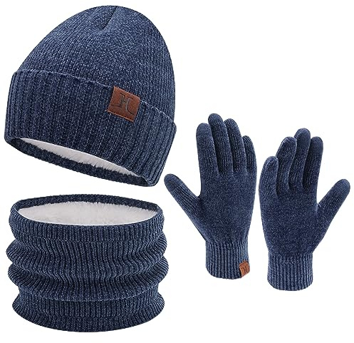 ZASFOU Gorros de invierno para mujer y hombre, bufanda, guantes para pantalla táctil, juego de guantes cálidos de chenilla, gorras de calavera, regalos para mujeres y, azul marino, Talla única