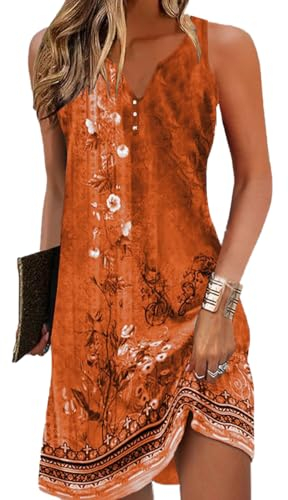 Yeenily Damen Bohemian Ärmellos Kleid V-Ausschnitt Blumenmuster Tunikakleider A Linien Lose Lässiges MiniKleid Freizeitkleid(Ärmellos Orange,M