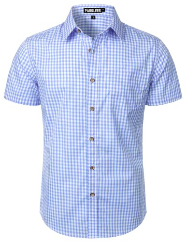 PARKLEES Men's Casual Plaid Checked Regular Fit Dress Shirt Blue Gingham L