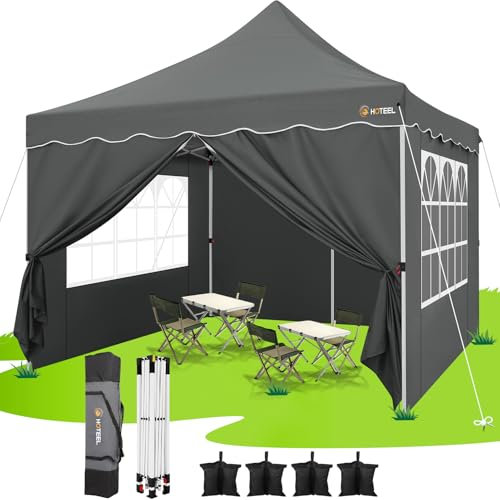 HOTEEL Tonnelle Pliante 3x3 Imperméable avec 4 Parois Latérales, Installation Facile Barnum Pliant 3x3 Portable Tonnelle de Jardin Exterieur avec 4 Sacs de Sable pour Fête, Festival, Marché, Gris