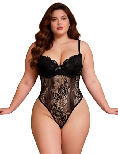 ohmydear - Body para mujer, sexy, talla grande, bodycon con de encaje, encaje, lencería transparente, monos, mono de espalda descubierta, botón a presión, traje sexy con armazón, Negro , S