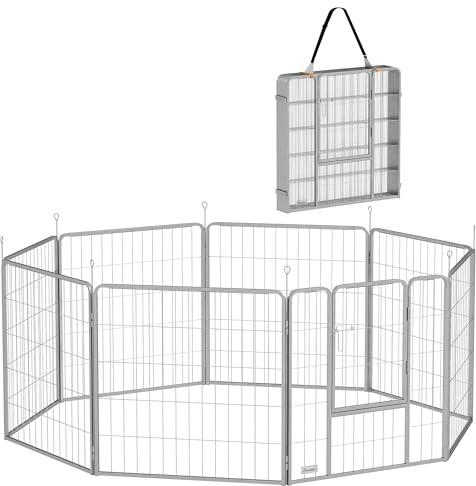 PawHut Parc pour Chien, enclos Chien 8 Panneaux modulable et Pliable, enclos Portable en Acier 80H cm avec Porte et Sangle, clôture pour Chiot et Petits Animaux, intérieur et extérieur, Argent