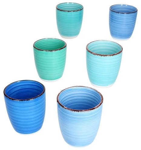 MamboCat Lot de 6 tasses à moka Blue - 150 ml - Petites tasses sans anse en faïence pour 6 personnes avec différents tons de bleu et décor tourbillon - Pour expresso, matcha, etc.
