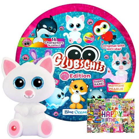 STRONCARD Bundle mit Blue Ocean Glubschis Sammelfigur Muschel Serie 4 - Glubschi Glitzer - Figur Kaja - Exklusive Geburtstagskarte