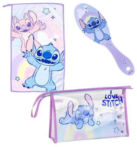 Disney Stitch Neceser para Niños, Bolsa de Aseo Infantil Diseño Stitch y Angel, Incluye Cepillo para el Pelo, Toalla, Bolso, Sin PVC