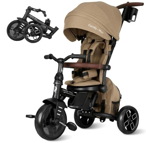 Qplay Comfo Max Evolutionary Tricycle, 6-in-1, Black, Tricycle for Babies, 1 Year, Foldable, Made of Aluminium, with 360-Degree Seat, Tilting and Canopy, for Babies from 10 to 72 Months, Beige