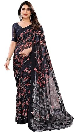 ETHNICMODE sari indio mujer Printed Georgette Light Weight Party Black Saris With Unstitched Black Blouse Piece-1211