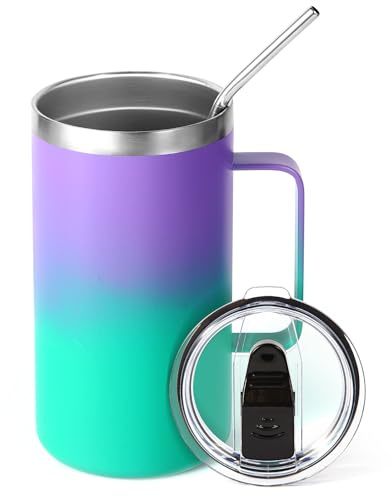 Volhoply 540 ml isolerad kaffemugg i rostfritt stål med läckagesäkert lock, dubbelväggig vakuumisolerad resemugg med handtag, återanvändbar metalltumlare, campingmuggar håller varmt & kallt (Lila Grön