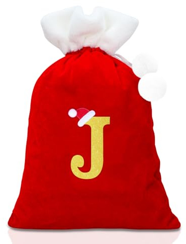 Alederways Christmas Sack Santa Bags, Red Monogram Knitted Storage Personalized Embroidered Stocking Bag for Xmas Gift Present Toys Party Decorations 55x37cm (J, Sack)