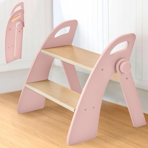 Sgabello di legno per Bambini a 2 Gradini Pieghevole, Capacità di 130 kg con Tappetino Antiscivolo e Maniglie, Scaletta per Bagno, Camera dei Bambini, Cucina, Rosa