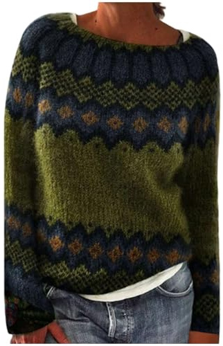 Suéter Fair Isle para Mujer Ropa de Punto Noruego Vintage Manga Larga Grueso Jacquard Jersey Anchos Termico Invierno Sweater Casual Argylee Nordic Cuello Redondo Sueter Talla Grande