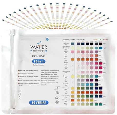 MIRKUZI Kits de prueba para acuarios 50 tiras reactivas para agua potable, tiras reactivas de pH, para analizar la calidad y dureza del agua, detectar plomo, hierro, cobre y otros elementos
