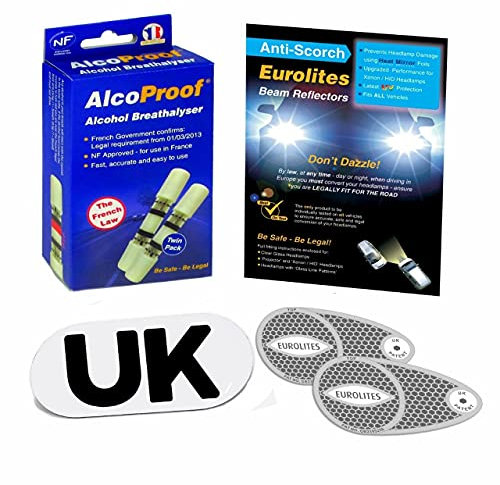 3 Piece Kit Headlamp Beam Deflectors Twin Pack French Breathalysers Long Expiry Date Magnetic GB Plate Eurolites Alcoproof Breathalyzer Good Quality NF approved Headlight Converters European Travel Kit Travel Abroad