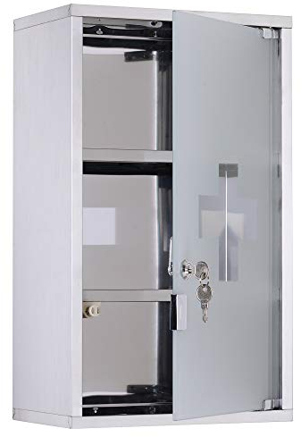 HOMCOM Armadietto medicinali 50x30x18cm Cassetta mobile bagno primo soccorso in acciaio inox con serratura