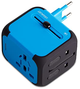 Milool Adaptador Enchufe de Viaje Universal Enchufe Adaptador Internacional con Dos Puertos USB para US EU UK AU Acerca de 150 Países y Seguridad de Fusibles para Tableta PC,Smartphones Cámara（Azul