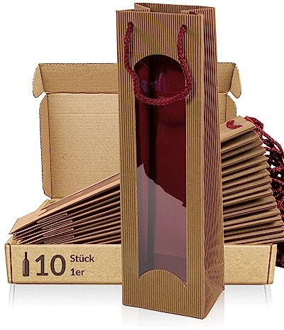 10x Wein Flaschen Geschenktüte - 1er Natur & Rot mit Fenster, Wellkarton