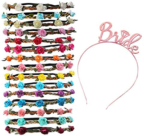 HTBAKOI Coroncine Fiori per Capelli, 15pz. Corone di Fiori + Cerchietti Addio al Gadget Nubilato Coroncina di Fiori Ghirlande per Amiche della Sposa Corona Fiori con Nastro Elastico Regolabile