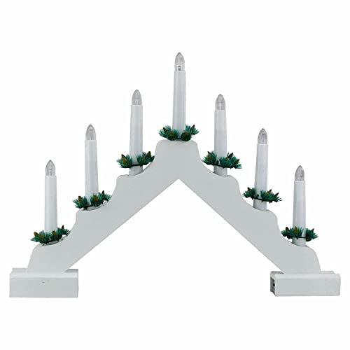 GEEZY Wooden Christmas Candle Bridge Arch with 7 LED Candles, Timer Function & White Finish - Battery Operated Warm White LED Christmas Lights - Xmas Decorations & Ornaments for Window Sills, Mantels
