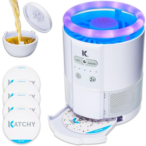 KATCHY Duo – Trampa para moscas de interior con cápsula aromática – Eficaz día y noche – Mata mosquitos, moscas de la fruta, mosquitos pequeños y polillas – Trampa sin extractor con luz UV y