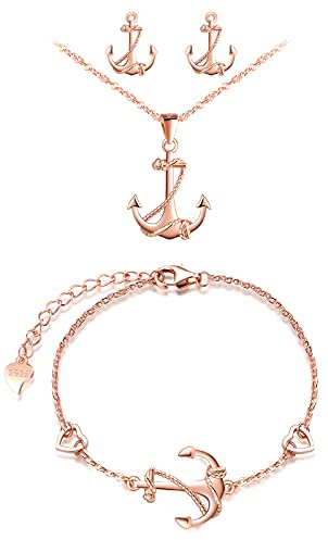 MicVivien 925 sterling silver dam kedja ankare hänge halsband, ankare stiftörhängen roséguld ankare armband armband, dam smycken set för kvinnor flickor mamma flickvän, Sterlingsilver