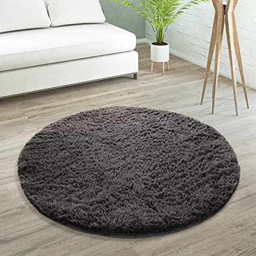 Paco Home Hochflor Teppich Wohnzimmer rutschfest Fellteppich Shaggy Flauschig Weich Modern Kunstfell Fell Imitat Einfarbig, Grösse:80 cm Rund, Farbe:Anthrazit