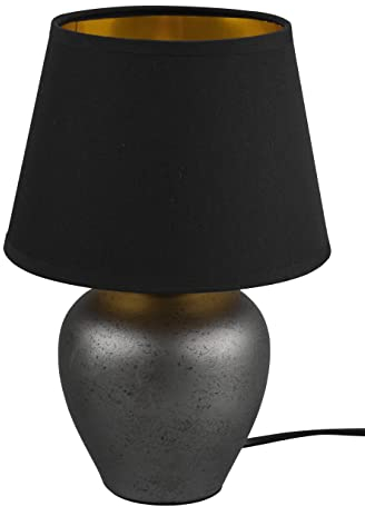 Reality Leuchten Tischleuchte Abby R50601002, Fuß Keramik Nickel antik, Stoffschirm schwarz,goldfarbig, exklusiv 1x E14, Höhe 26cm