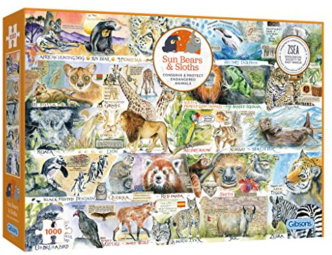 Gibsons Sun Bears and Sloths 1000 Piece Jigsaw Puzzle for Adults - Alphabet Animals by Val Goldfinch Colourful Wildlife Art - Premium Sustainable Puzzle Made in the UK/EU