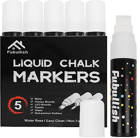 Fubullish Window Chalk Markers for Cars 5 Pack Washable,White Paint Jumbo Liquid Chalk Marker with 15mm Thick Tips, Big Chalkboard Markers for Car Window, Glass, Auto, Bistro, Mirror, Poster