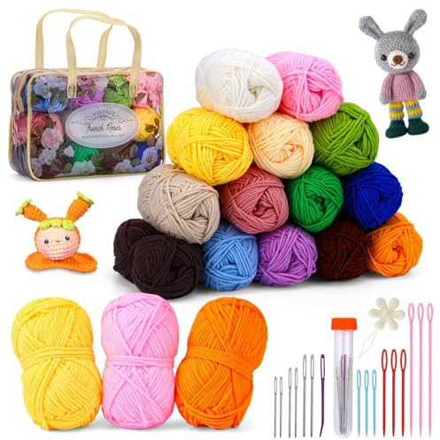 Hilo de tejer, 14 x 25 g de lana de punto súper suave de cuatro hebras, ovillos de lana con aguja de coser, adecuado para principiantes y profesionales de ganchillo de punto a mano