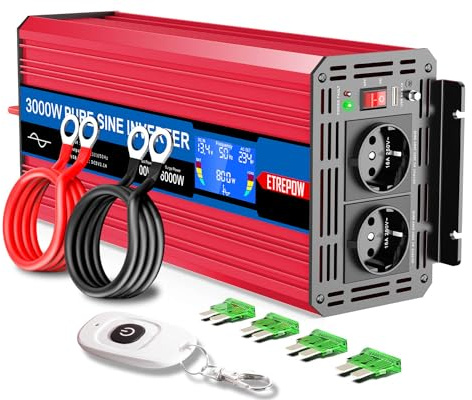 ETREPOW 3000W/6000W Wechselrichter 12V auf 230V Reiner Sinus Spannungswandler Konverter Pure Sine Wave Power Solar Inverter mit 2 EU-Steckdose,Drahtlose Fernsteuerung,LCD Bildschirm