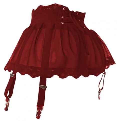 Minifalda Cintura Alta Malla Sexy Mujer con Liguero y Tanga,Liga Tirantes Transparentes 4 Clips Medias,Vestido Corto Babydoll Volantes,lencería Braguitas Cordones Microfalda 2 Piezas (Borgoña)