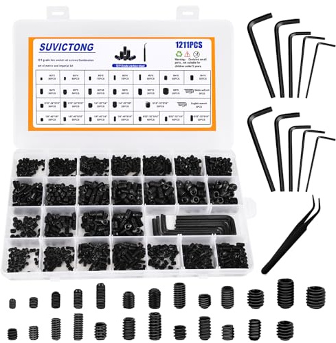 1211Pcs Metric + SAE Set Screw Assortment Kit(M3 to M8, 1/8-40 to 5/16-18), Class 12.9 Carbon Steel Allen Head Internal Hex Drive, Socket Cup-Point Grub Screws with Tweezers and Wrenches for Handle