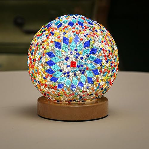 Lampada da tavolo con base in legno in stile boho, stile barocco, dimmerabile, alimentazione USB, luce LED da comodino, luce d'atmosfera, per yoga, spettacoli, mostre, mostre, regalo per bambini (blu