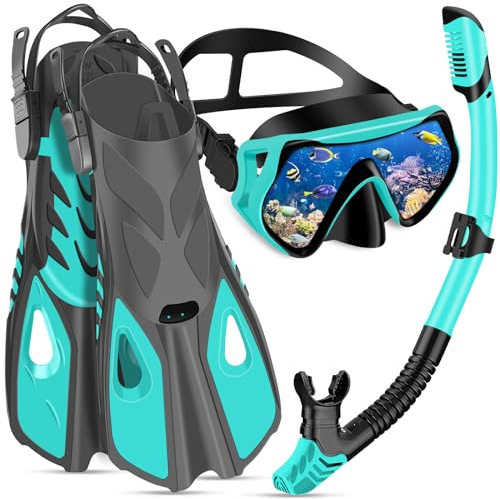 IEEILULU Schnorchelset Erwachsene mit Flossen, Schnorchelmaske Set mit Antibeschlag Taucherbrille,180° Panorama Glaslinse, Verstellbaren Flossen & Tragetasche für Schnorcheln Tauchen (Green-S/M)