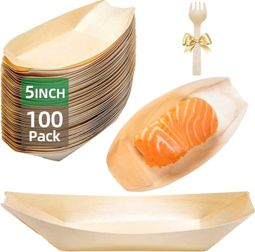 Suwodpak 100-Pack Wooden Disposable Plates 5 IN Boat Plates Food Trays Disposable Dessert Plates Disposable Food Boats for Party Weddings Picnic (Actual Size Used: 2.95 D x 1.73 W x 0.59 H)
