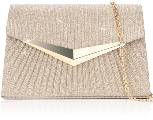 Larcenciel Bolsos de Fiesta, Bolso de Mano de Mujer Plisado Dorado Brillante con Cadena Amovible, Elegante Lentejuelas Bolso de Noche de Trapezoidal para Boda, Fiesta, Cóctele, Prom, 21x13.5x5.5cm