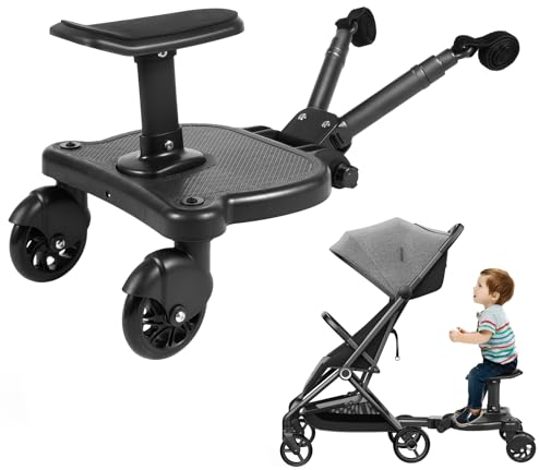Buggy Board mit Sitz, Trittbrett für Kinderwagen Universal, Buggy Board für Alle Kinderwagen, Kinderwagen Zubehör, Räder mit 360° Drehung, Tragfähigkeit 25kg, Einstellbares Design, Schwarz