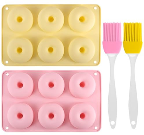 2 Pièces Moule à Beignets avec 6 Cavités Moules à Donuts en Silicone, Moule en Silicone, Antiadhésif Moules en Forme de Donut,2 Brosse en Silicone