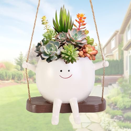AUNGCSHE Pot Suspendu Plante Interieur, Pot De Fleurs en Résine avec Visage Sourire Et Balançoire, Pot de Fleur Interieur,pour l'extérieur et l'intérieur, Décoration de Jardin