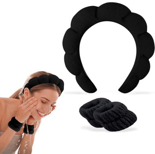 ZILZUFA Cerchietto Skincare in Spugna Morbida, Fascia Capelli Skincare per Detersione Viso, Cerchietto Capelli Donna per Makeup e Idratazione, Nero Elegante