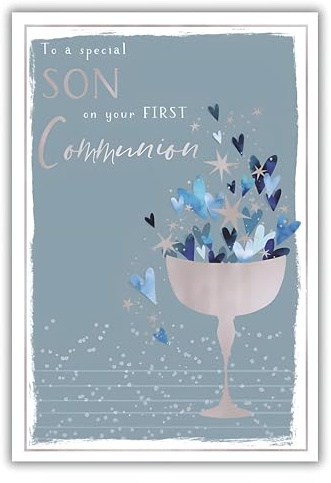 IC&G Special Son First Communion Congratulations Card - First Communion Card with Star and Hearts Communion Cup Design with an Embossed Foil Finish