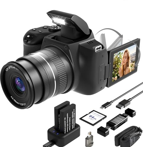 4K Digital Camera for Photography with WIFI: 10X Optical Zoom Vlogging for YouTube 72MP Autofocus Compact Camera with 64GB SD Card,2x Battery, USB Card Reader & Charging Stand