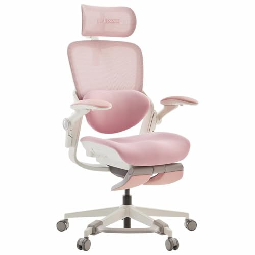 MUSSO E80 Muse Kompakt Ergonomisk Kontorsstol med Fotstöd, Rosa | Kompakt design för kvinnor, 3D-svankstöd, 4D-nackstöd, uppfällbara armstöd, justerbart sittdjup, fotstöd