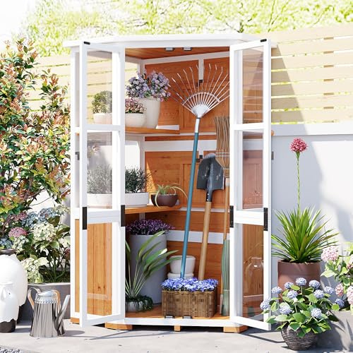 VANTOOK Multi- Functional Outdoor Storage Cabinet with Waterproof- Roof and Lockable Door,Wood Tool Storage Shed for Outdoor or Indoor,Mini Greenhouse for Backyard,Patio, Lawn,Yellow