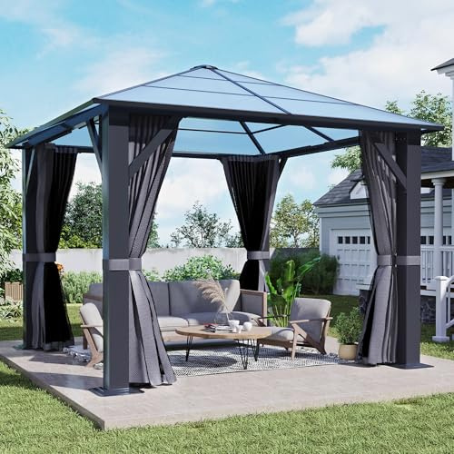 10'x10' Hardtop Gazebo, Outdoor Polycarbonate Roof Gazebo, Heavy Duty Metal Permanent Pavilion with Curtains & Netting for Backyard, Patio, Deck (Polycarbonate Top)