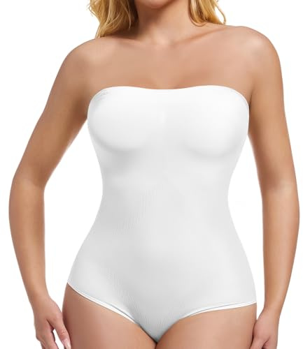 ONEW Strapless Bandeau Shapewear Bodysuit for Women Cami Bodysuit Top with Removable Spaghetti Straps Tummy Control Full Body Shaper,White,S