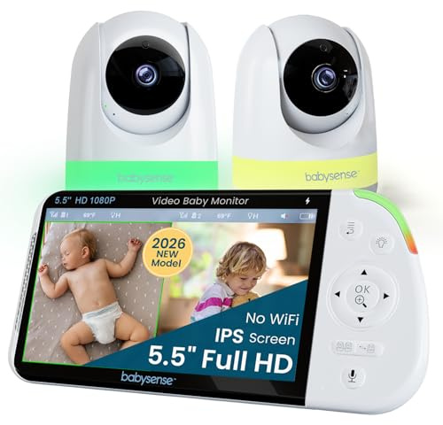 Babysense Full HD Split-Screen Baby Monitor with 2 PTZ Cameras, Two-Way Talk, 6-Color Night Light, 5000mAh Battery, Long Range, 4x Zoom, and Crystal-Clear Audio