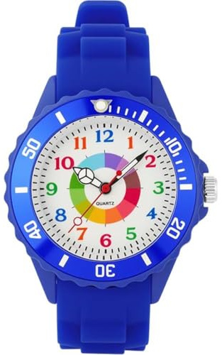 OSDUE Reloj de Aprendizaje para Niños, Impermeable 30 M Fácil de Leer Relojes de Pulsera con Correa Suave, Reloj de Pulsera Analógico para Niños Niñas Regalo de Cumpleaños Partir Esfera Colorida Azul